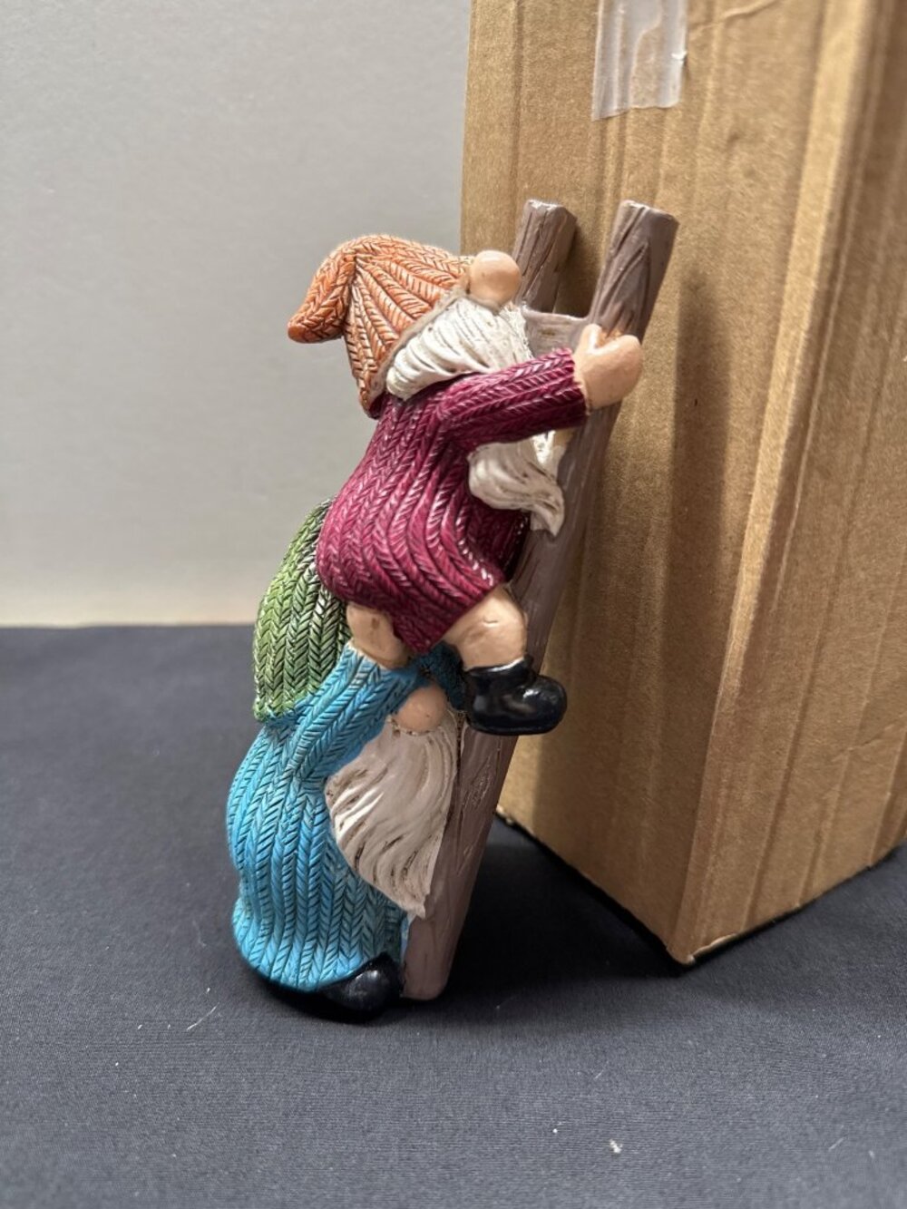 Climbing Gnome Figurine With Ladder Colorful Knit Textures Decorative Resin Scul